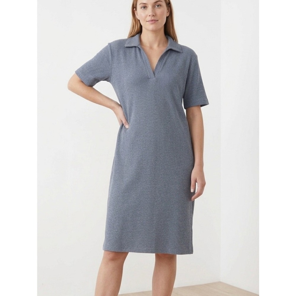 HM Blue Ribbed Knit Polo Dress Short Sleeve V-Neck Midi Size M 268935 - Picture 8 of 12